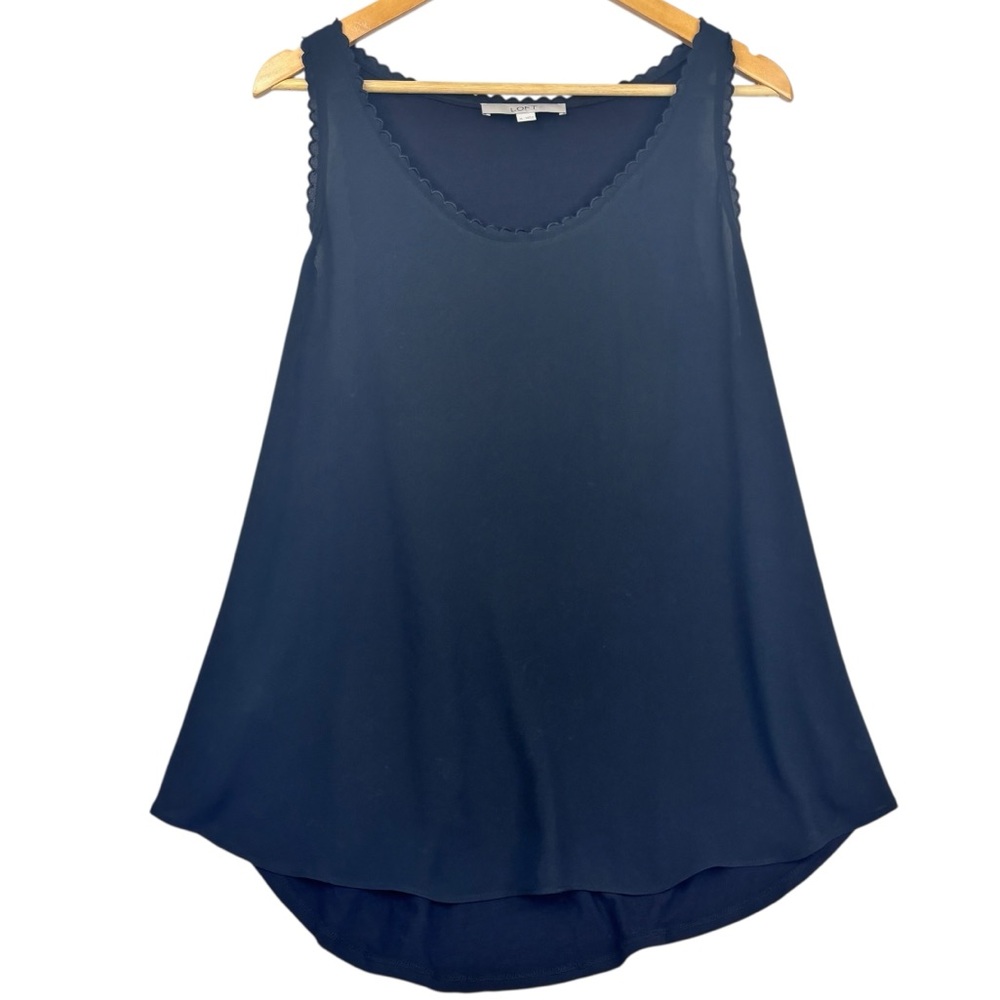 Loft Black Sheer Front Solid Back Scalloped Neckline & Arm Hem Sleeveless Top XL
